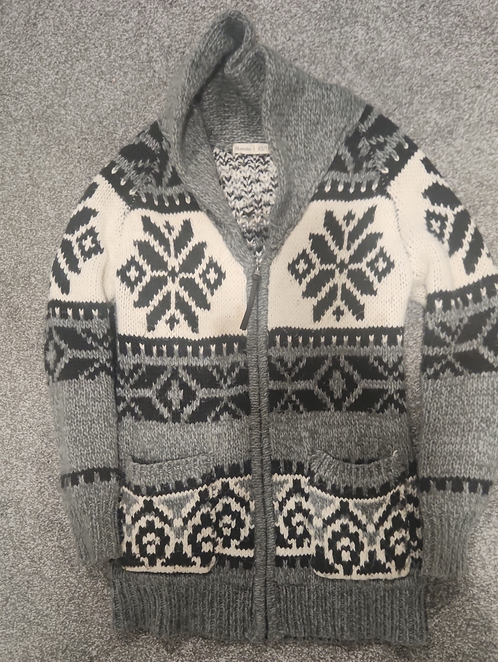 Bluenotes Gray and Cream Fair Isle Zip Shawl Collar Sweater